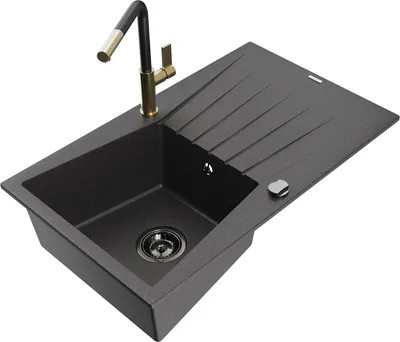 Produktbild von Mexen Cesar 1 Becken-Granitspüle mit Abtropffläche und Mischbatterie Flora, Schwarz gesprenkelt - 6514-76-670401-57-B