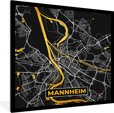 Produktbild von MuchoWow® Gerahmtes Poster Mannheim - Gold - Karte - Deutschland 40x40 cm - Poster mit Schwarzem Bilderrahmen Wandposter Rahmen Foto Bilder - Mit Rahmen - Wanddekoration Schlafzimmer