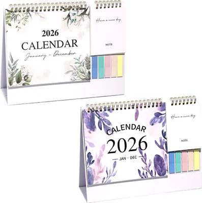 Produktbild von 2026 Desktop Kalender 2 Stück – Praktischer kleiner Tischkalender mit Monatsübersicht, Aufgabenliste und Haftnotizen, elegantes Pflanzen-Design, spiralgebunden