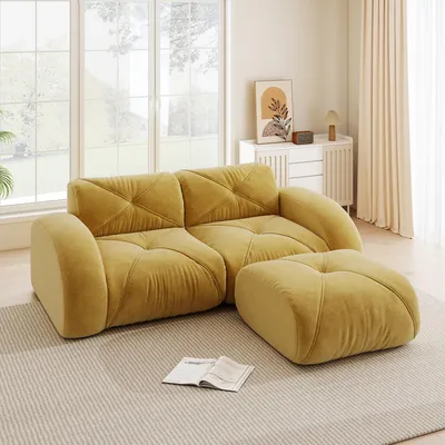 Zdjęcie produktu dla Dwuosobowa sofa z tkaniny szenilowej z podnóżkiem, modułowa, z pianką 32D, przyjazna dla zwierząt, 204 x 171 x 76 cm, żółta