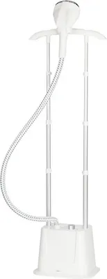 A white stand garment steamer on a white background.