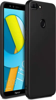 A black silicone phone case is shown next to a smartphone displaying a colorful wallpaper.