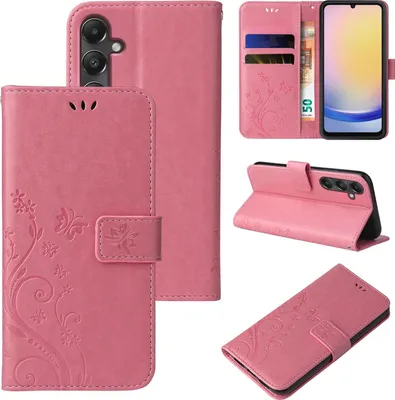 Collage of product images showing a pink floral butterfly embossed flip phone case for a Samsung Galaxy A25 5G.