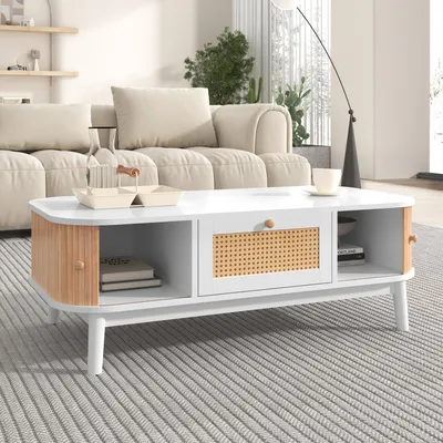 Image de Table basse en rotin, style campagnard naturel - tiroirs en rotin, portes coulissantes avec lattes bois massif, pieds bois massif