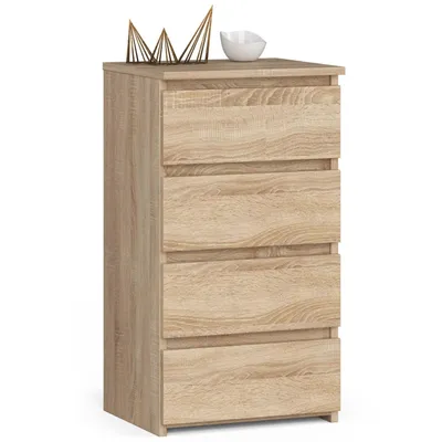 A tall, narrow chest of drawers with four drawers, made of light wood-effect material, placed on a white background. Decorative items are on top.