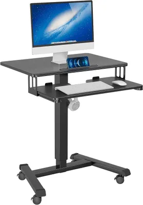 Obrázok produktu pre Mobilný písací stôl s 4 kolieskami, stojací pracovný stôl s nastaviteľnou výškou 65×45 cm, mobilná pracovná stanica, stolík na notebook s odkladacou plochou na klávesnicu, stojací stôl do obývačky alebo spálne