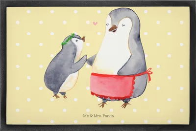 Produktbild von Mr. & Mrs. Panda fußmatte Pinguin mit Kind 60 x 90 cm - Gelb Pastell - Geschenk, Muttertag, Schmutzfangmatte, Tochter, Schmutzmatte, Fußabstreifer, Mutter, Familie