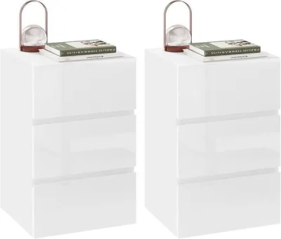 Imagen del producto de Juego de dos mesitas de noche, color blanco brillante, con 3 cajones, dimensiones: 40 cm