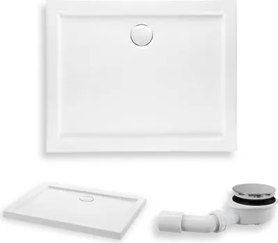 A white rectangular shower tray and a drain assembly are displayed against a white background.
