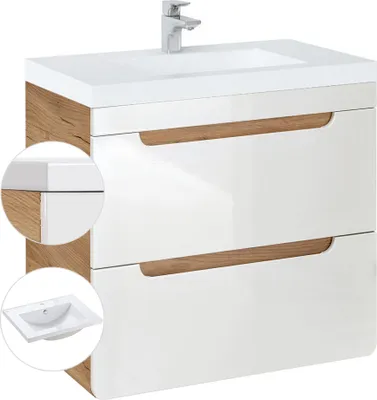 Produktbild von Waschtischunterschrank 61 cm mit Keramikbecken LUTON-56 Hochglanz weiß mit Wotan Eiche Nb. B/H/T ca. 61/63/46 cm