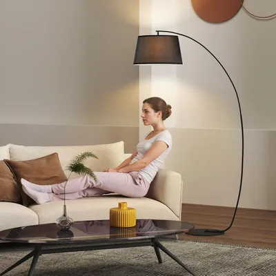 Image de Lampe courbée avec abat-jour en tissu et interrupteur au pied, lampadaire courbé avec abat-jour en lin, lampadaire en métal, noir | 105 x 47 x 190 cm | Ø 38 cm (base) | E27 40 W