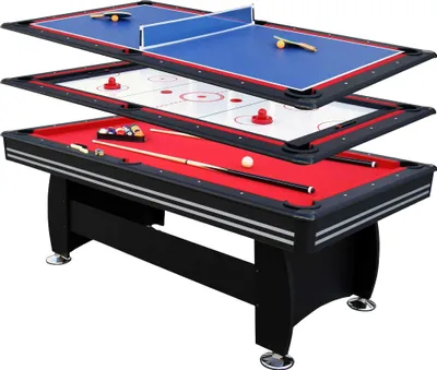 A multi-game table with three layers: a ping pong table on top, an air hockey table in the middle, and a pool table at the bottom.