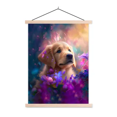 Produktbild von MuchoWow® Textilposter Hund - Welpe - Sonne - Blumen - Golden Retriever 120x160 cm mit holzfarbenen Rahmen - Plakatkarton