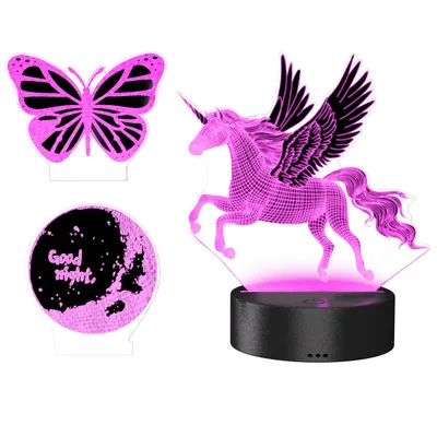 A collage of three 3D LED night lights: a unicorn with wings, a butterfly, and a moon with text.