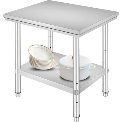 Produktbild von Edelstahl Arbeitstisch 2-stöckig, Zubereitungstisch rostfrei, verstellbares Unterregal | 60×76×80 cm | 150 kg Traglast | Küche & Garage
