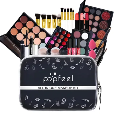 Produktbild von Make-up Geschenkset für Gesicht, Augen und Lippen mit Lidschatten, Lippenstift, Rouge, Mascara und Pinsel