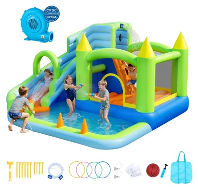Produktbild von Aufblasbare Wasserhüpfburg - Hüpfburg-Wasserpark - 344 x 374 x 213 cm - Wasserrutsche - Planschbecken - Basketballkorb & Ringwurfspiel - Für 3–4 Kinder (3–8 Jahre)