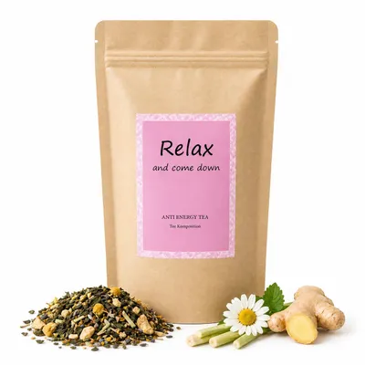 Produktbild von „Relax & come down“ Anti Energy Tee für Entspannung & Abendruhe - Entspannen und "runter kommen" - Kräutertee 70 g - Einfach mal abschalten...