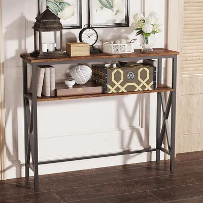 Consoletafel, höhenverstellbar, X-Gestell, 101x25x80,5 cm, braun