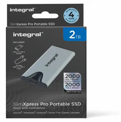 Productafbeelding van Integral SlimXpress Pro 2TB Externe Draagbare SSD: USB-C, 2000 MB/s