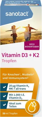 Produktbild von sanotact Vitamin D3 + K2 20 µg + MK-7 Tropfen, 50 ml, Hochdosiert mit 1.000 I.E pro Tropfen