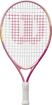 A pink tennis racket against a white background.