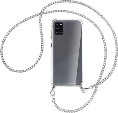 Produktbild von Handykette Backcover-Schutzhülle mit Band (Metall silberfarben) für Samsung Galaxy A31 - silberfarbene Kette