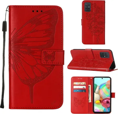 Produktbild von Galaxy A71 Hülle, Schmetterling Prägung Flip Leder Kartenfächer Schutzhülle Ledertasche mit Ständer für Samsung Galaxy A71 Rot