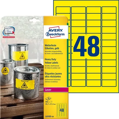 Image de Avery Zweckform L6103 - Étiquettes adhésives permanentes en polyester résistant à l'eau - jaune - 45,7 x 21,2 mm - 960 étiquette(s) (20 feuilles x 48) (L6103-20)