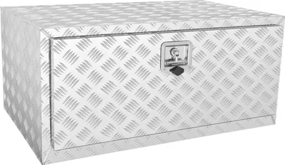 A silver aluminum diamond plate truck box with a black lock is shown against a white background.