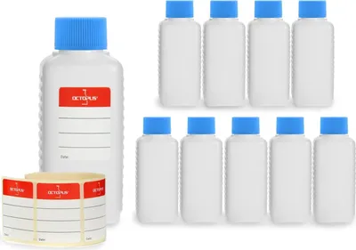 Image de 10 bouteilles en plastique de 100 ml avec bouchons bleus (vides)