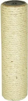 A close-up, full-length view of a sisal scratching post on a white background.