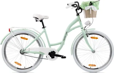 Produktbild von Goetze Style 26 Zoll City Bike, 43 cm Tiefeinsteiger, 1-Gang mit Rücktrittbremse hinten & V-Bremse vorne, LED-Beleuchtung, Rattankorb mit Bezug