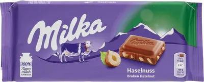 Produktbild von Milka 4025700001023, Milchschokolade, 100 g, Haselnuss, 2267 kJ, 543 kcal, 32 g