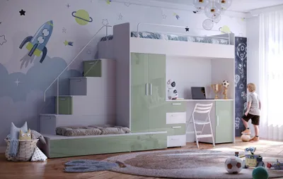 Produktbild von Etagenbett FELIX 5, Hochglanz Kinderbett, Hochbett, MIT Matratze und Lattenrost (Weiß + Minze, Glanz )