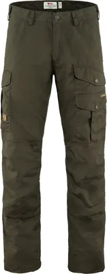 A pair of dark green cargo pants displayed front-on against a white background.