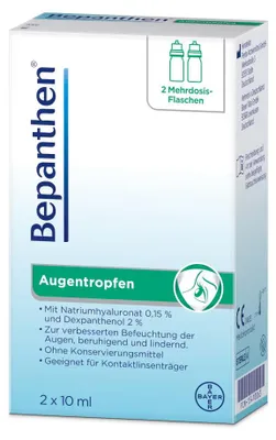 Produktbild von Augentropfen-Set, Bayer, Bepanthen, feuchtigkeitsspendend und reparierend, für trockene, gereizte oder müde Augen, 2 x 10ml