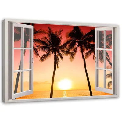 Produktbild von Leinwandbild fenster - sonne und palmen 120x80 cm Feeby rosa wandbild bereit zum aufhängen