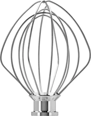 A close-up studio shot of a silver whisk attachment for a stand mixer.
