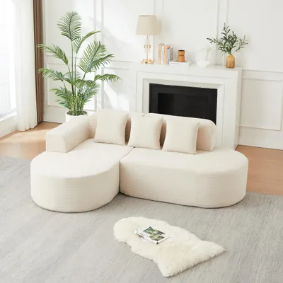 Zdjęcie produktu dla Modułowa sofa narożna, 220 cm, obita tkaniną Cord, z zaokrąglonymi oparciami, 3 poduszki, idealna do salonu i pokoi wypoczynkowych (pomarańczowa)