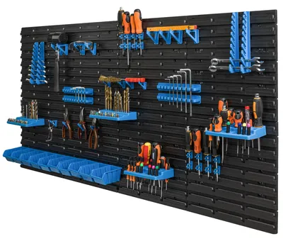Zdjęcie produktu dla Tablica warsztatowa, 154 x 78 cm, 10 przegródek, montaż naścienny, tworzywo sztuczne, konstrukcja mobilna