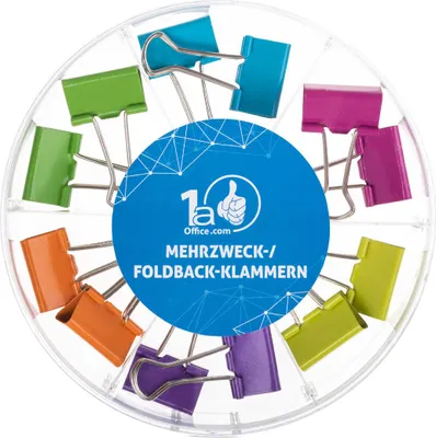 Produktbild von DynaTech Mehrzweck-/ Foldback-Klammer 25mm, 12er Box mit grün, blau, lila, pink, orange, gelb
