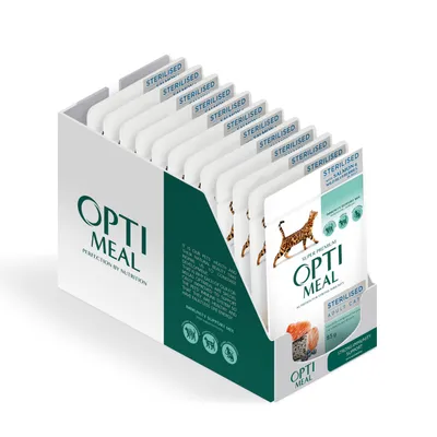 Produktbild von Optimeal Alleinfuttermittel für ausgewachsene Katzen mit Lachs und wilden Heidelbeeren in Gelee für kastrierte Katzen –12x85g