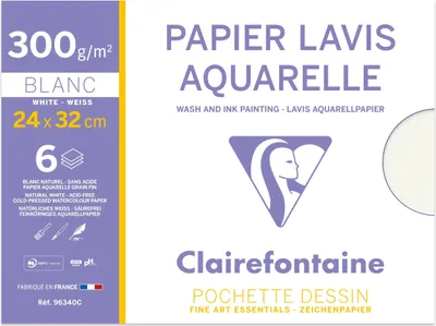 Produktbild von Clairefontaine 5x Lavis Aquarellpapier, Packung mit 6 Blatt, 24x32cm 300g 96340C