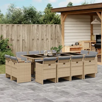 Produktbild von Design 13-tlg. Garten-Essgruppe mit Kissen Beigemischung Poly Rattan, Gartenmöbel-Sets 2024 Neu