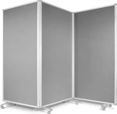 A three-panel room divider with a gray fabric surface and silver metal frame, standing on wheels.