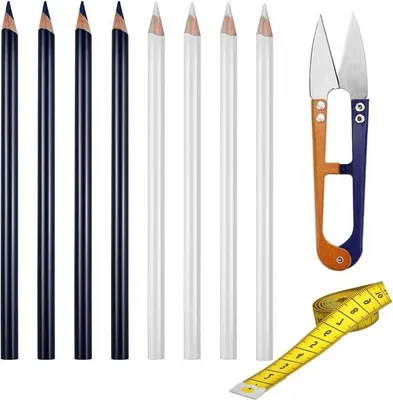 A collection of sewing and crafting tools laid out on a white background.
