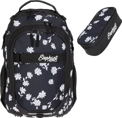 Produktbild von Schulrucksack 2 Teile Set Elephant Hero Signature Rucksack Mädchen  Schulmappe Schultasche + Mäppchen Box 12842 Black Flower r mb