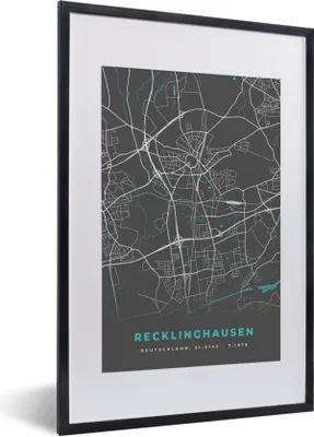 Produktbild von MuchoWow® Gerahmtes Poster Stadtplan - Deutschlandkarte - Blau - Recklinghausen - Karte 40x60 cm - Poster mit Schwarzem Bilderrahmen Wandposter Rahmen Foto Bilder - Poster in Rahmen