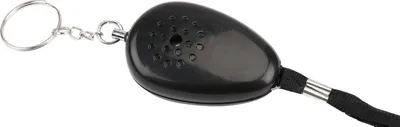 A black personal alarm with a keychain and lanyard attachment, shown against a white background.